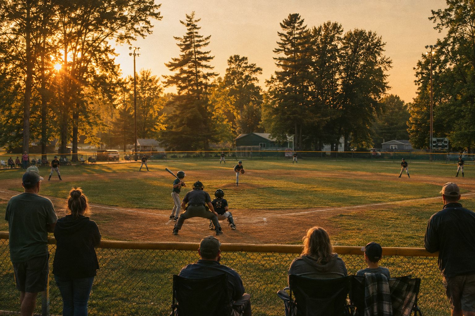 A baseball field at dusk